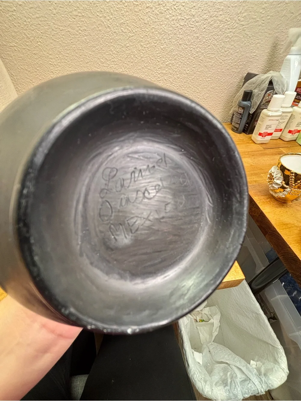 Signed Oaxaca Mexico Barro Negro Black Pottery Pitcher Vase Handcrafted 7”